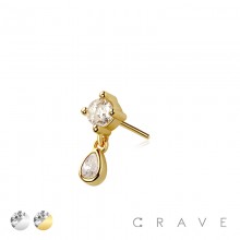 316L SURGICAL STEEL THREADLESS PUSH IN TEAR DROP CZ DANGLE TOP PART